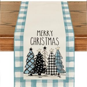 New Artoid Mode Bule Buffalo Plaid Christmas Trees Merry Xmas Table Runner 13x72